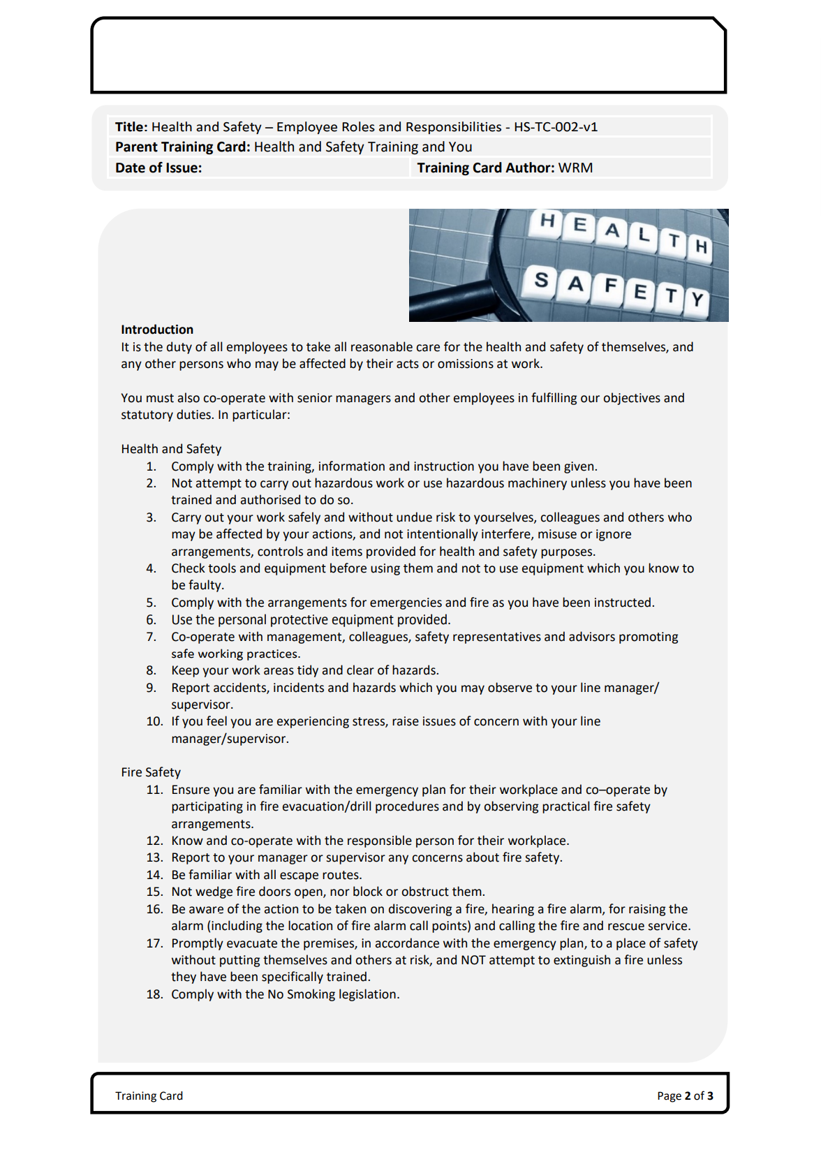 Health & Safety Training Card - Health & Safety Consultants - Risk ...